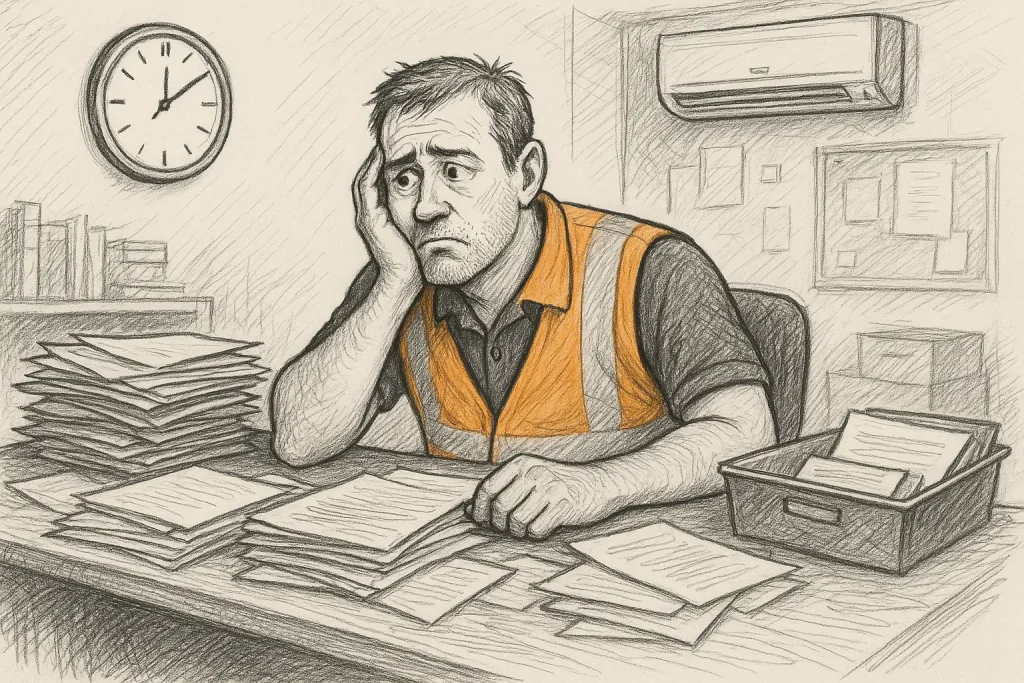 A tradesman sitting at a desk with too much SAVING TIME to be done (1)