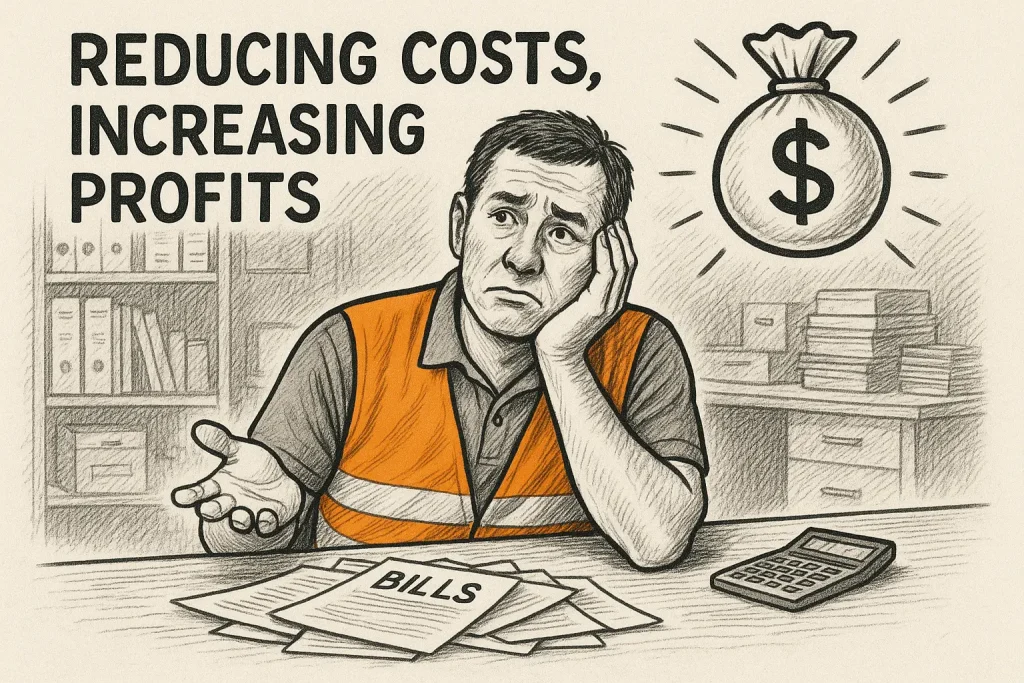 A tradesman sitting at a desk with too much SAVING YOU MONEY to be done (1)